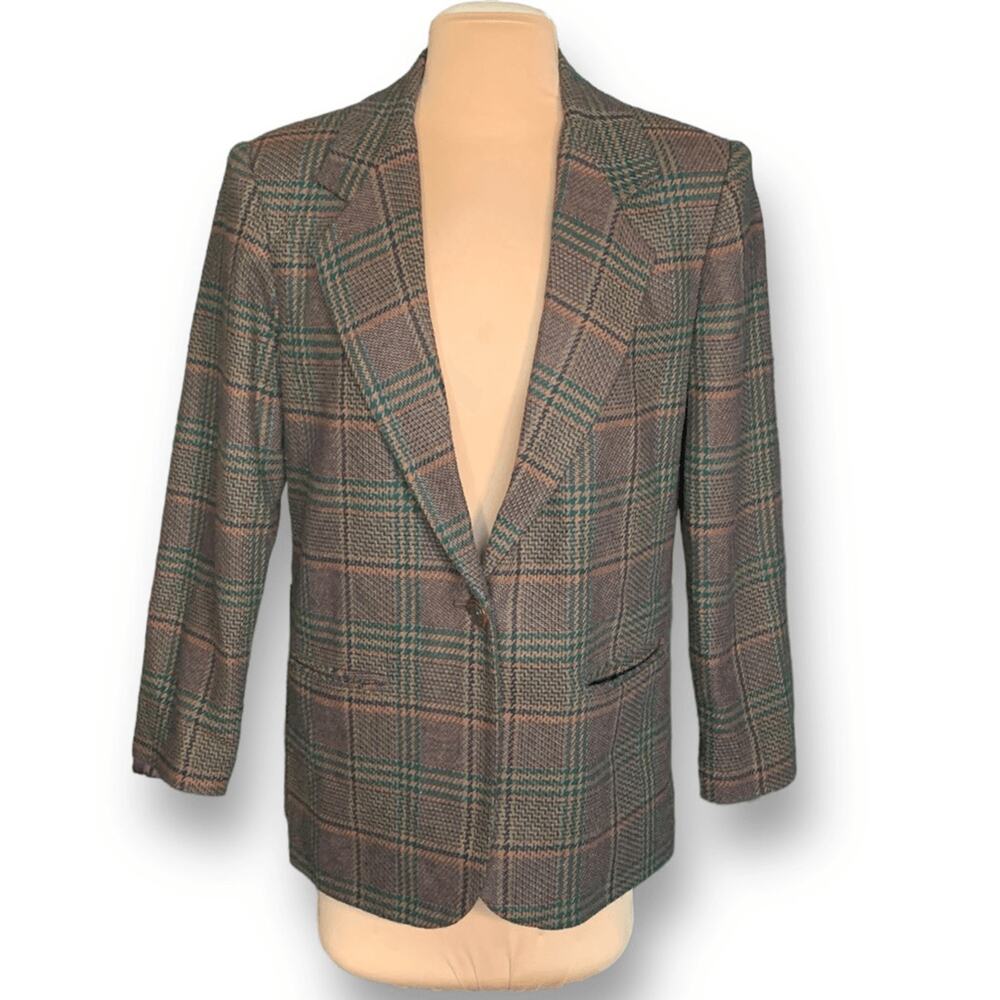 Vintage 90s Brown Green Plaid Wool Blend Blazer Jacket Oversized Preppy Academia